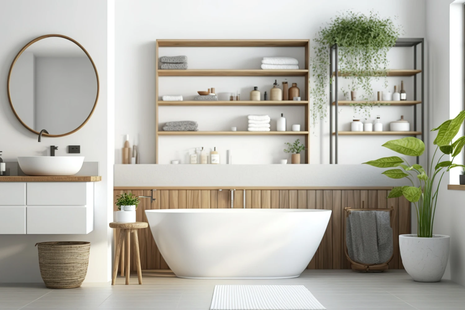 Bathroom interior in white and wood with a white bathtub, a toilet, and a built-in shelf for personal care items. a mockup