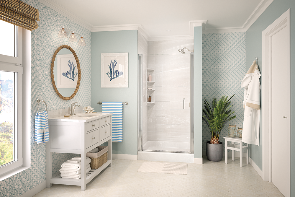 Rimini-White Marble bathroom with shower.